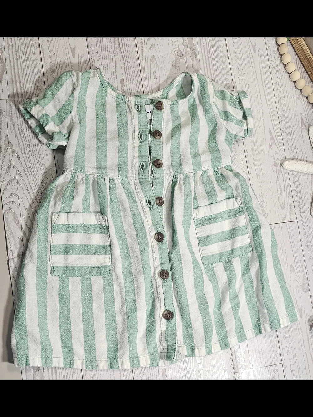 Old Navy Mint Green and White Striped Button-Front Kids Dress 12-18 Months